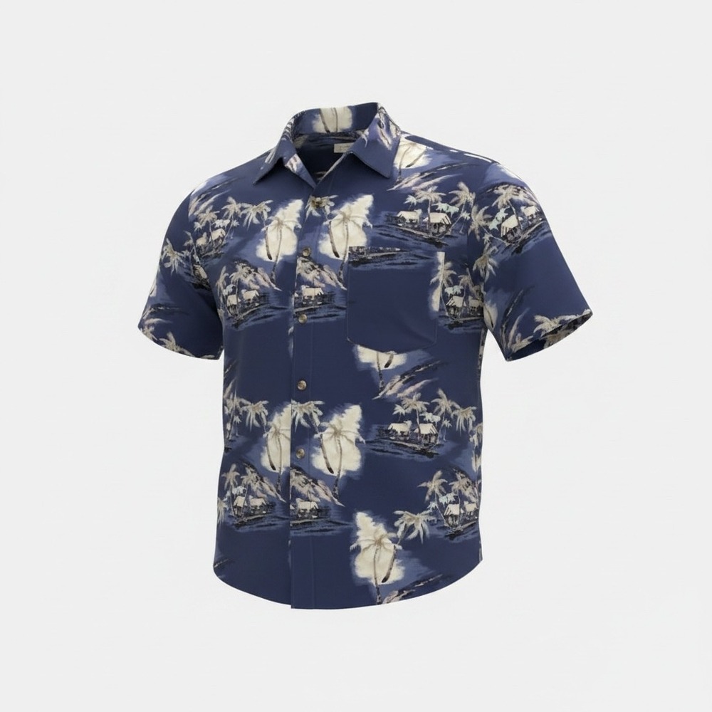 Crossings Mens Blue White Tropical Palm Tree Cotton Button Down Shirt Small